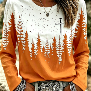 Women Tree Long Sleeve Tee T-shirt Crew Neck Printing Casual Graphic Tee Spring/Fall Top, JustFashionNow T-Shirts, color:Orange|size:5XL