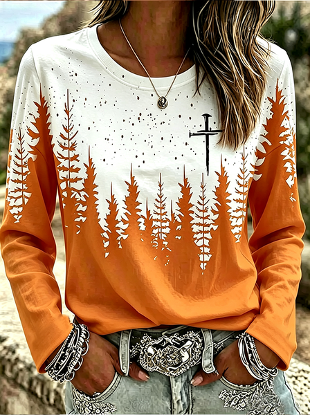 Women Tree Long Sleeve Tee T-shirt Crew Neck Printing Casual Graphic Tee Spring/Fall Top, JustFashionNow T-Shirts, color:Orange|size:5XL