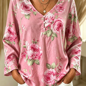 Women Floral Long Sleeve Tee T-shirt V Neck Vintage Spring/Fall Top, JustFashionNow T-Shirts, color:As Picture|size:5XL