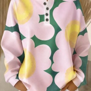 Women Floral Henley Collar Casual Spring/Fall Long Sleeve Sweatshirt, JustFashionNow Sweatshirts & Hoodies, color:As Picture|size:5XL