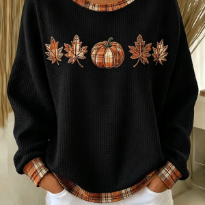 Women Plaid Crew Neck Printing Casual Spring/Fall Long Sleeve Sweatshirt, JustFashionNow Sweatshirts & Hoodies, color:Black|size:5XL