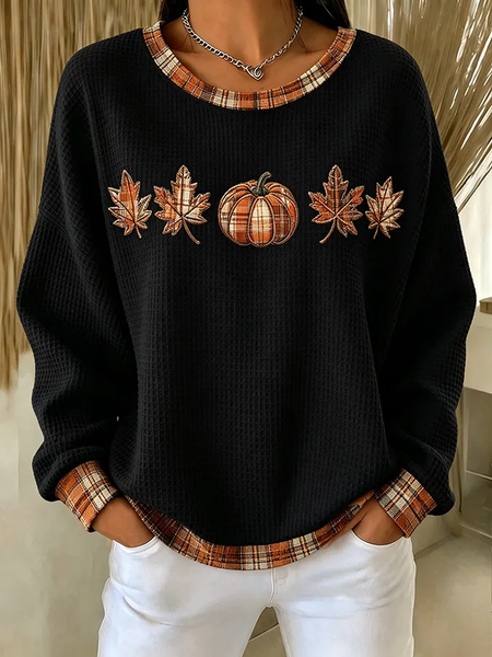 Women Plaid Crew Neck Printing Casual Spring/Fall Long Sleeve Sweatshirt, JustFashionNow Sweatshirts & Hoodies, color:Black|size:5XL