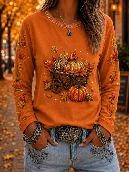 Women Maple Leaf Long Sleeve Tee T-shirt Crew Neck Printing Casual Spring/Fall Top, JustFashionNow T-Shirts, color:Orange|size:XXL - Image 2