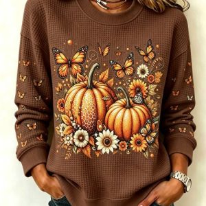 Women Pumpkin Pattern Crew Neck Casual Spring/Fall Long Sleeve Sweatshirt, JustFashionNow Sweatshirts & Hoodies, color:Coffee|size:5XL