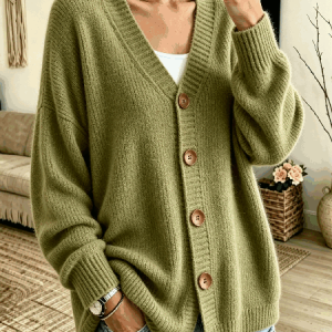 Women Plain Long Sleeve V Neck Casual Spring/Fall Cardigan Outerwear, JustFashionNow Cardigans, color:Green|size:5XL