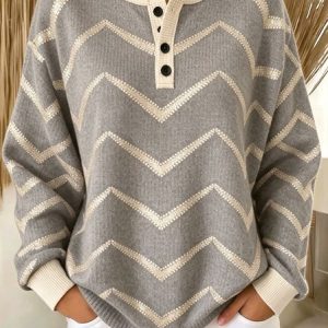 Women Chevron Henley Collar Casual Spring/Fall Long Sleeve Sweatshirt, JustFashionNow Sweatshirts & Hoodies, color:Gray|size:5XL