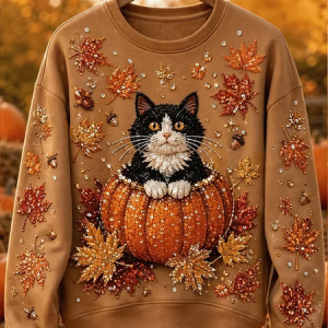 Women Cat Crew Neck Printing Casual Spring/Fall Long Sleeve Sweatshirt, JustFashionNow Sweatshirts & Hoodies, color:Light Brown|size:5XL