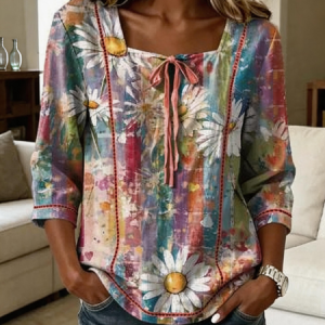 Women Floral Square Neck Half Sleeve Blouse Vintage Daily Summer Top, JustFashionNow Shirts, color:As Picture|size:5XL