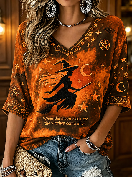 Women Text Letters Long Sleeve Tee T-shirt V Neck Casual Spring/Fall Top, JustFashionNow T-Shirts, color:Orange|size:5XL