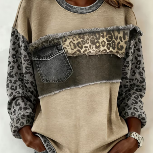 Women Leopard Crew Neck Printing Casual Spring/Fall Long Sleeve Sweatshirt, JustFashionNow Sweatshirts & Hoodies, color:Khaki|size:5XL