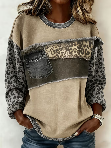 Women Leopard Crew Neck Printing Casual Spring/Fall Long Sleeve Sweatshirt, JustFashionNow Sweatshirts & Hoodies, color:Khaki|size:5XL
