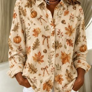 Women Maple Leaf Shawl Collar Long Sleeve Shirt Vintage Daily Spring/Fall Top, JustFashionNow Shirts, color:Light Orange|size:XXL