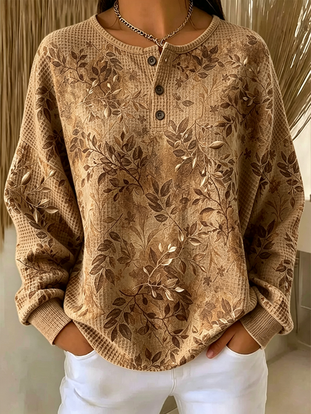 Women Floral Crew Neck Printing Casual Spring/Fall Long Sleeve Sweatshirt, JustFashionNow Sweatshirts & Hoodies, color:Brown|size:5XL