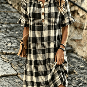 Women Plaid Half Sleeve V Neck Dress Daily Vintage Midi H-Line Summer Dress, JustFashionNow Casual Dresses, color:Black|size:4XL