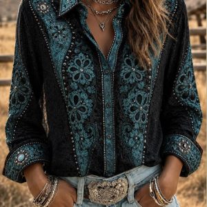 Women Floral Shawl Collar Long Sleeve Shirt Vintage Daily Spring/Fall Top, JustFashionNow Shirts, color:Black|size:5XL