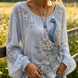 Women Floral Crew Neck Long Sleeve Blouse Printing Casual Daily Spring/Fall Top, JustFashionNow Blouses, color:Light Blue|size:5XL