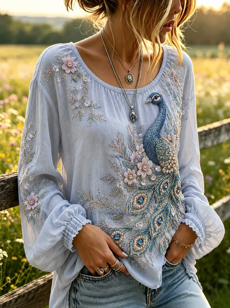 Women Floral Crew Neck Long Sleeve Blouse Printing Casual Daily Spring/Fall Top, JustFashionNow Blouses, color:Light Blue|size:5XL