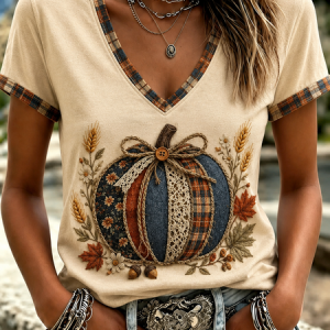 Women Plaid Short Sleeve Tee T-shirt V Neck Vintage Summer Top, JustFashionNow T-Shirts, color:Off White|size:5XL