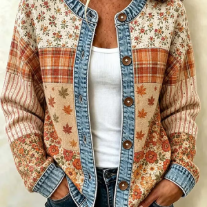 Women Floral Printing Long Sleeve Crew Neck Vintage Spring/Fall Cardigan Outerwear, JustFashionNow Cardigans, color:As Picture|size:5XL