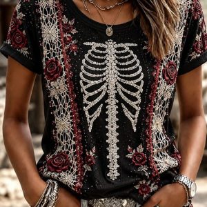 Women Floral Short Sleeve Tee T-shirt Crew Neck Casual Summer Top, JustFashionNow T-Shirts, color:Black|size:5XL