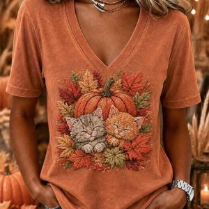 Women Cat Short Sleeve Tee T-shirt V Neck Vintage Summer Top, JustFashionNow T-Shirts, color:Orange|size:5XL