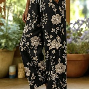 Women Floral Long Pants Vintage Spring/Fall Trousers, JustFashionNow Pants, color:Black|size:5XL