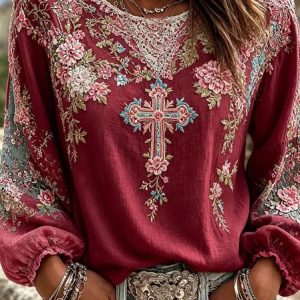 Women Floral Crew Neck Long Sleeve Blouse Printing Casual Daily Spring/Fall Top, JustFashionNow Blouses, color:Wine Red|size:5XL