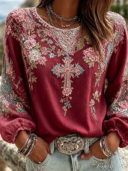 Women Floral Crew Neck Long Sleeve Blouse Printing Casual Daily Spring/Fall Top, JustFashionNow Blouses, color:Wine Red|size:5XL