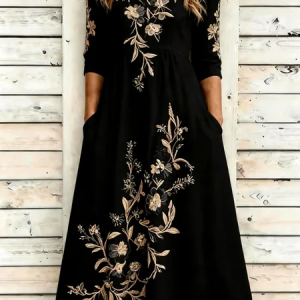 Women Floral Half Sleeve Crew Neck Dress Daily Vintage Maxi A-Line Summer Dress, JustFashionNow Dresses, color:Black|size:5XL