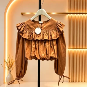 2026 Women Blouse Ruffle Layered Collar Cropped Pullover Long Puff Sleeve Cuff Tie Detail Woven Top - AliExpress Shirts & Blouses