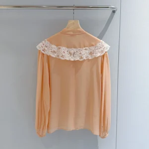 2026 New Summer Women's Blouse, Soft Orange Lace Trim Bow Tie Chiffon Shirt - AliExpress Shirts & Blouses
