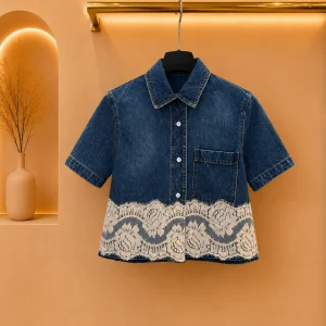 2026 Women Denim Cropped Blouse Pure Cotton Tailored Scalloped Floral Lace Trim Button Front Top - AliExpress Shirts & Blouses