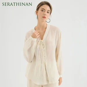 KL9613785 Minimalist Luxury 100% Linen Shirt Women's Solid Blouse Tie Front Vintage Sophisticated Linen Tops - AliExpress Shirts & Blouses