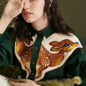 LYNETTE'S CHINOISERIE Spring Autumn Original Design Women Exquisite Deer Embroidery Color Contrast Thic Cotton Shirts/Blouses - AliExpress Shirts & Blouses