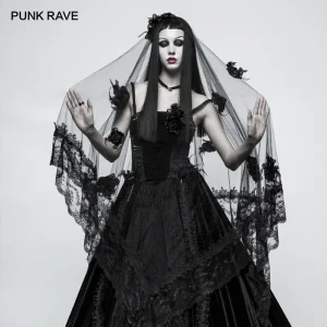 PUNK RAVE Gothic Women Headwear Bridal Mysterious 3D Rose Flower Punk Wedding Long Black Lace decoration Victorian Veil - AliExpress New Headwear