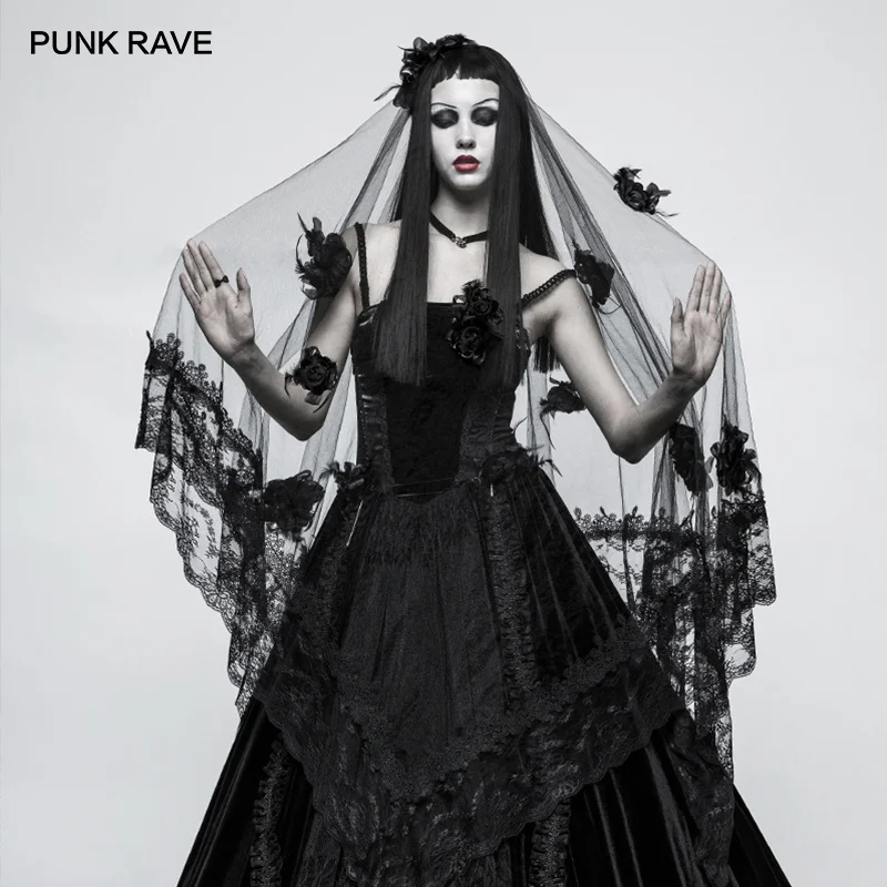PUNK RAVE Gothic Women Headwear Bridal Mysterious 3D Rose Flower Punk Wedding Long Black Lace decoration Victorian Veil - AliExpress New Headwear