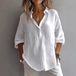 Spring Summer Pure Color Casual Loose Long Sleeve V-Neck Shirt Women's Shirt Comfortable Polyester Fiber Commute Style - AliExpress Shirts & Blouses