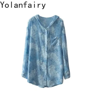 YOLANFAIRY 2026 Women 100% Mulberry Crepe De Chine Silk Shirt Printed Hooded Sun Protection Fashion Summer Outerwear Blouse Coat - AliExpress Shirts & Blouses