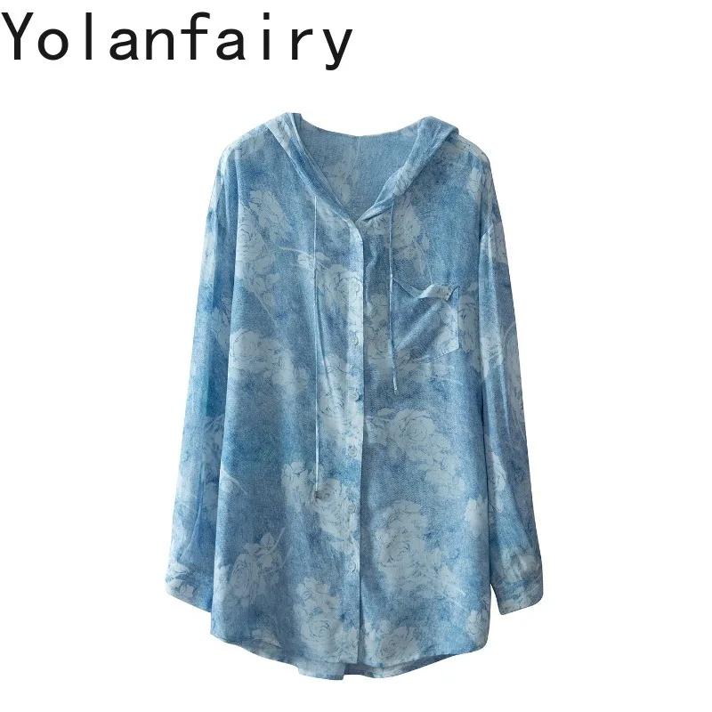 YOLANFAIRY 2026 Women 100% Mulberry Crepe De Chine Silk Shirt Printed Hooded Sun Protection Fashion Summer Outerwear Blouse Coat - AliExpress Shirts & Blouses