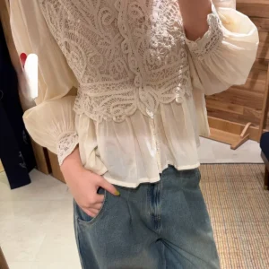 Heidd Spring Summer 2026 Double Layer Hollow out Lace Embroidery Gentle Apricot Color Shirt Women's Fitting Long Sleeve Cotto... - AliExpress Shirts & Blouses