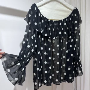 Polka Dot Print Women Black Shirt Ruffles Spliced Slash Neck Flare Sleeve Loose 100% Silk Blouse Top - AliExpress Shirts & Blouses