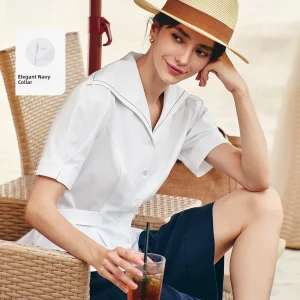 Elegant Navigare Women's Shirt Short Sleeve Slim Fit White Belted Summer 2026 Polyester Rayon Spandex Blend Regular Fit - AliExpress Shirts & Blouses