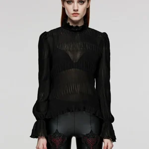 Gothic Long Sleeve Women's Chiffon Shirt Micro Translucent Sexy Base Layer Top Vertical Stripe Black Trendy Spring Autumn Fas... - AliExpress Shirts & Blouses