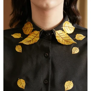 116-124cm Bust Spring Fall Shirts Original Design Women Vintage Elegant Loose Exquisite Golden Leaves Embroidery Black Blouses - AliExpress Shirts & Blouses