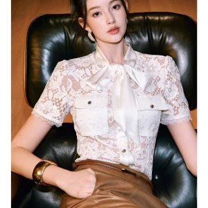 WANGXO Women's Lace Short Sleeve Shirt Hollow out Floral Design Single Button Waist Cinch Acetate Sash Fashionable Top - AliExpress Shirts & Blouses