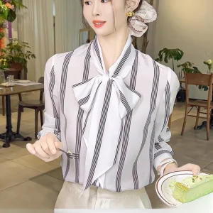 Silk Women's Shirt with Sash  Knot White Stripes Spring Early Small Size Ladies Fashion Commute Style Long Sleeve V-... - AliExpress Shirts & Blouses