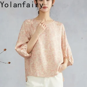 YOLANFAIRY 22Momme Jacquard Crepe Silk Blouse Women 100% Mulberry Silk Carved Printing Elegant Shirt Lantern Sleeves Fashion Top - AliExpress Shirts & Blouses
