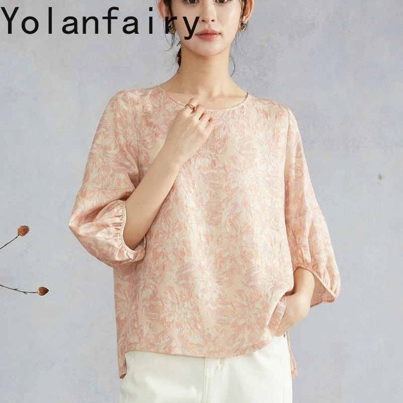 YOLANFAIRY 22Momme Jacquard Crepe Silk Blouse Women 100% Mulberry Silk Carved Printing Elegant Shirt Lantern Sleeves Fashion Top - AliExpress Shirts & Blouses