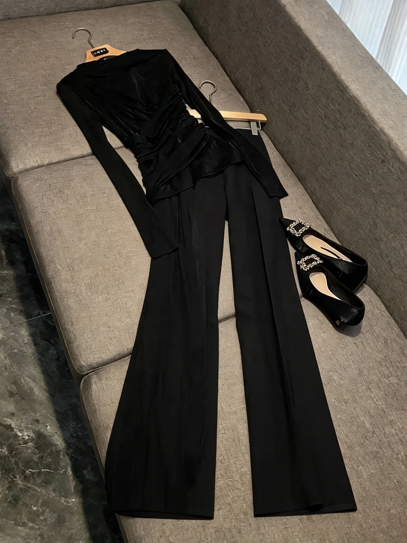 Slim Fit Long Sleeve Women's Top Black See through Pleated High Waist Elegant Thinming Pure Color Sexy Girl Style P39 - AliExpress Shirts & Blouses