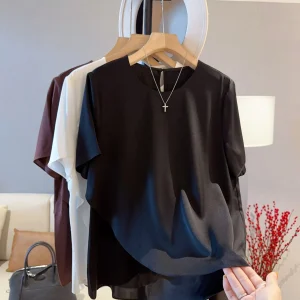 Elegant Silk Short Sleeve Shirt Coffee Color Overlap Design Breathable French Style Women's Summer Top Skin-friendly round Neck - AliExpress Shirts & Blouses